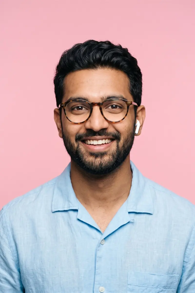 Hombre joven con gafas y auricular inalámbrico sonriendo sobre fondo rosa